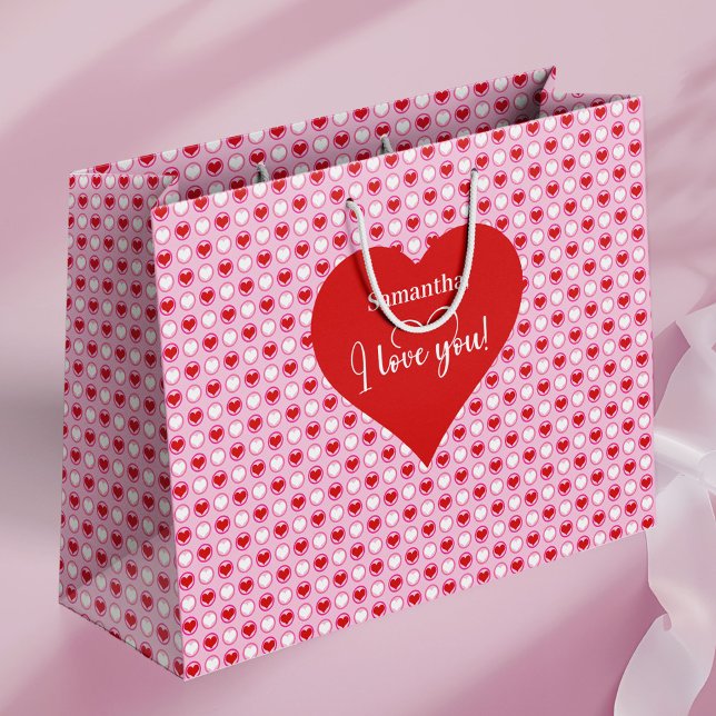 Custom Name Valentine Bag With I Love You Hearts Große Geschenktüte (Custom Name Valentine Bag With I Love You Hearts)