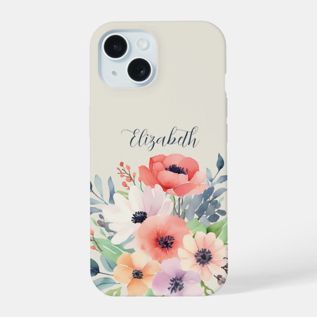 Custom Name Watercolor Floral Anemone iPhone 15 Hülle (Rückseite)