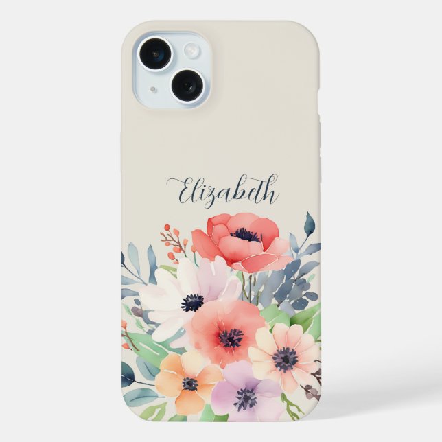 Custom Name Watercolor Floral Anemone iPhone Hülle (Rückseite)