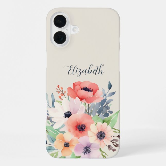 Custom Name Watercolor Floral Anemone iPhone Hülle (Rückseite)