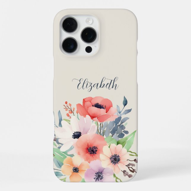 Custom Name Watercolor Floral Anemone iPhone Hülle (Rückseite)
