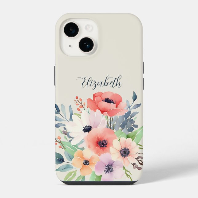 Custom Name Watercolor Floral Anemone iPhone Hülle (Rückseite)