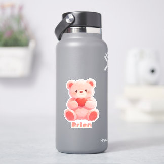 Custom Name Watercolor Pink Teddy Bear Heart Aufkleber
