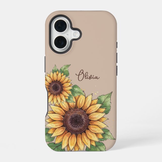 Custom Name Watercolor Sunflower Rustic iPhone 16 Hülle (Rückseite)