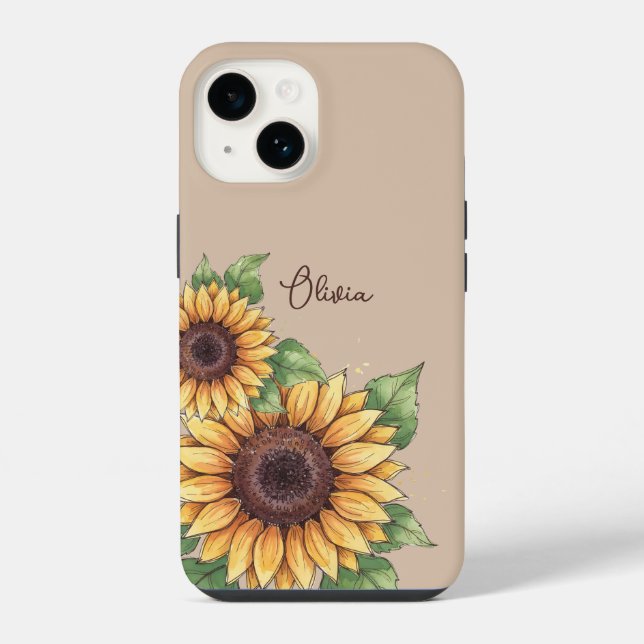 Custom Name Watercolor Sunflower Rustic iPhone Hülle (Rückseite)