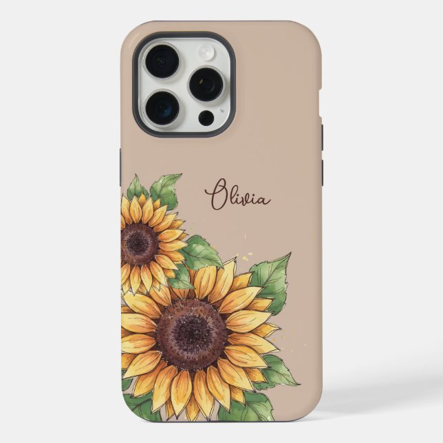 Custom Name Watercolor Sunflower Rustic iPhone Hülle (Rückseite)