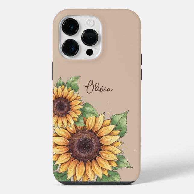 Custom Name Watercolor Sunflower Rustic iPhone Hülle (Rückseite)