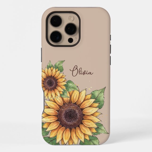 Custom Name Watercolor Sunflower Rustic iPhone Hülle (Rückseite)