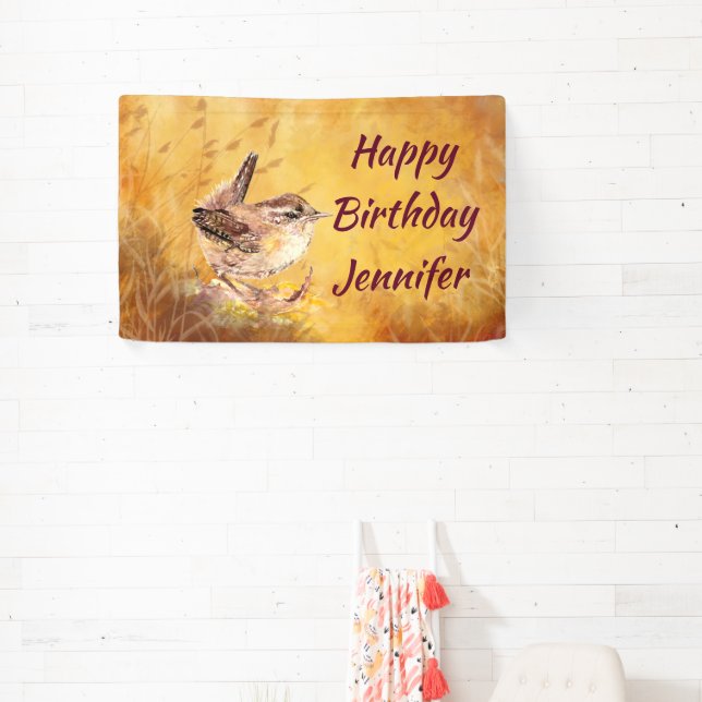 Custom Name Watercolor Wren Little Birds Banner (InSitu)