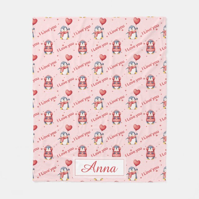 Custom Name Whimsical Penguin Kids Fleece Blanket (Vorderseite)
