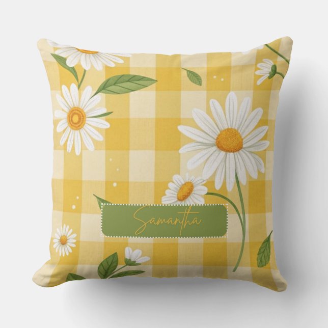 Custom Name White Floral Yellow Background Kissen (Vorderseite)