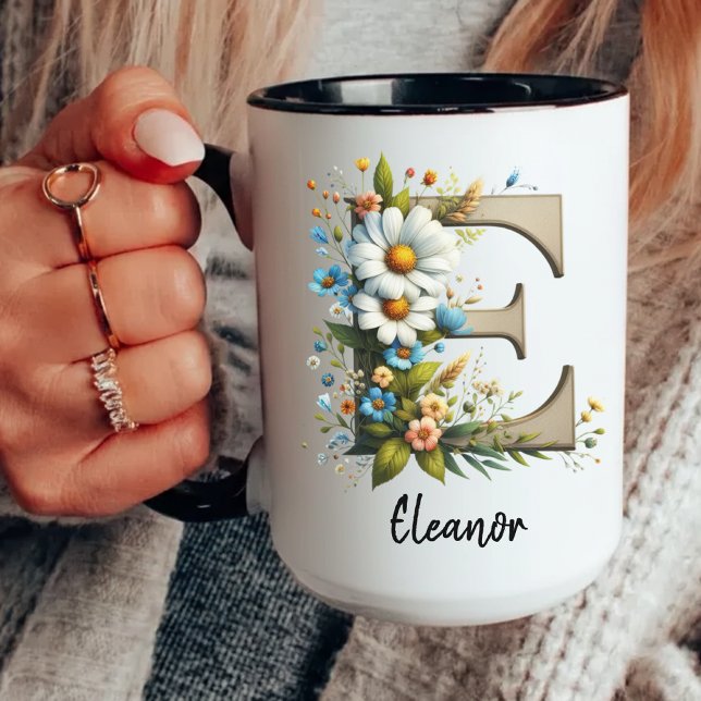 Custom Name Wildflower Monogram Mug for Women Tasse (wildflower gift mug, custom women’s mug, birthday gift mug, initial monogram mug, personalized mug,)