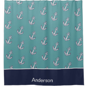 Custom Nautic Anchor Bad Aquamarin Navy Blue Duschvorhang