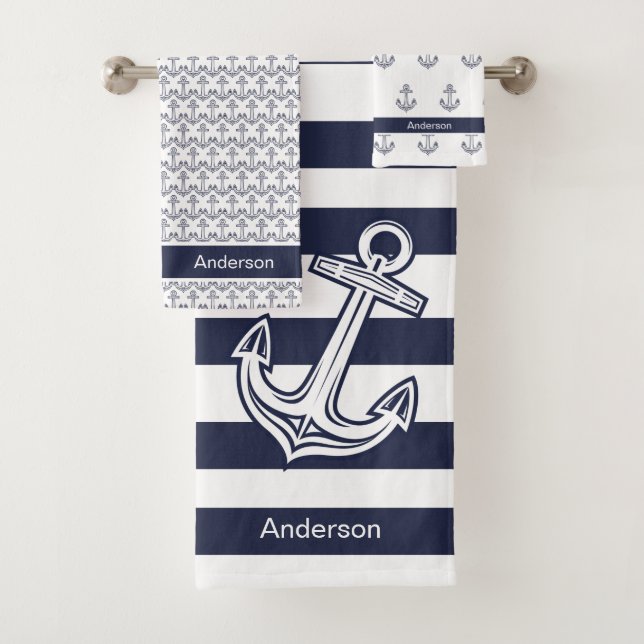 Custom Nautic Anchor Bad Navy Blue Streifen Badhandtuch Set (Insitu)