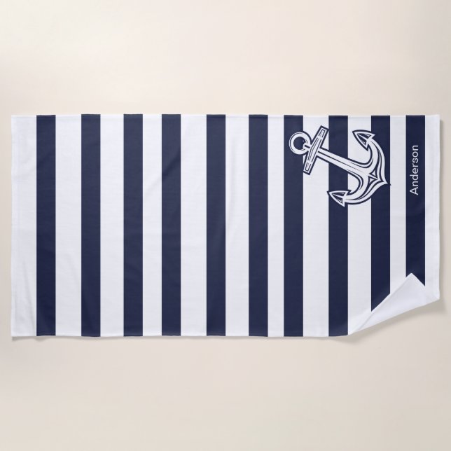Custom Nautic Anchor Bad Navy Blue Streifen Strandtuch (Vorderseite)