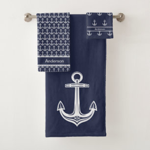 Custom Nautic Anchor Bad Ocean Navy Blau Badhandtuch Set