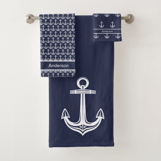 Custom Nautic Anchor Bad Ocean Navy Blau Badhandtuch Set (Insitu)