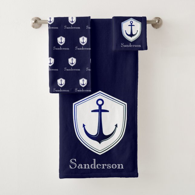 Custom Nautic Anchor Bad Ocean Navy Blau Badhandtuch Set (Insitu)