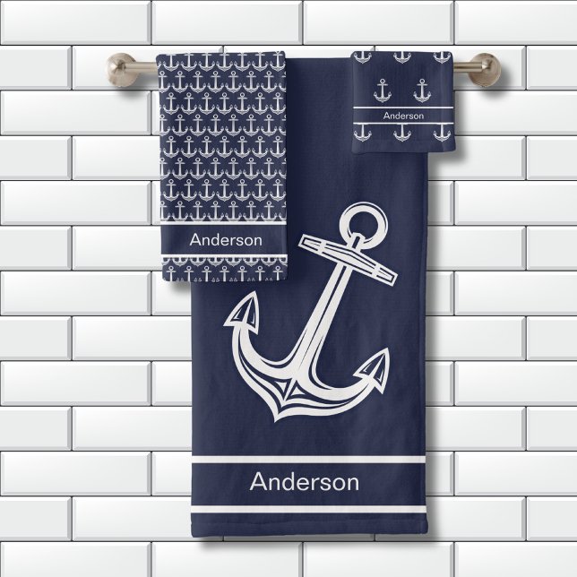 Custom Nautic Anchor Bad Ocean Navy Blau Badhandtuch Set (Von Creator hochgeladen)