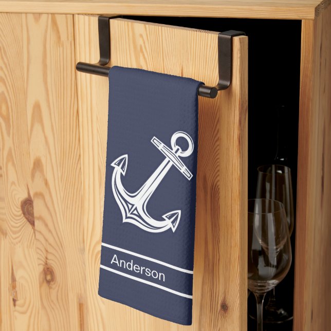 Custom Nautic Anchor Bad Ocean Navy Blau Geschirrtuch (Drittel gefaltet)