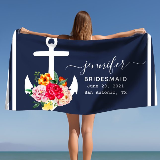 Custom Nautic Anchor Bad Ocean Navy Blau Strandtuch (Floral Anchor Bridesmaid Gift Personalized Name Beach Towel)
