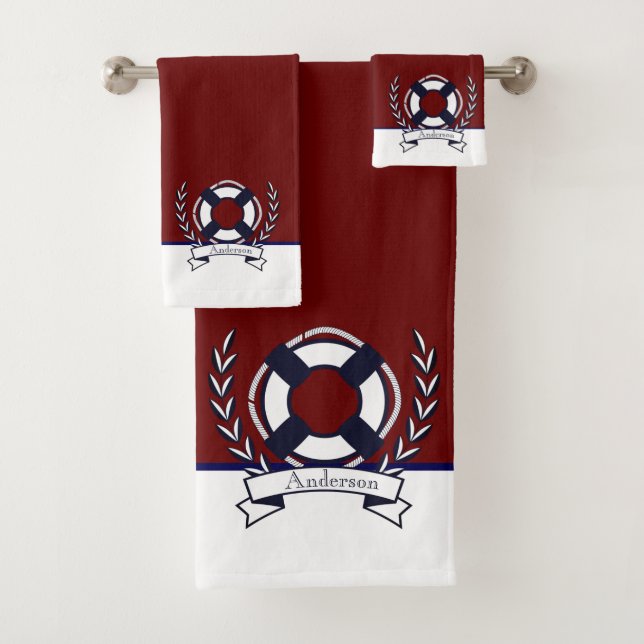 Custom Nautic Anchor Bad Ocean Navy Blue B Badhandtuch Set (Insitu)