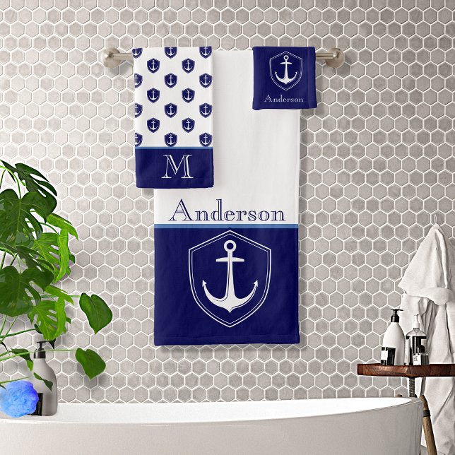 Custom Nautic Anchor Bad Ocean Navy Blue B Badhandtuch Set (Von Creator hochgeladen)