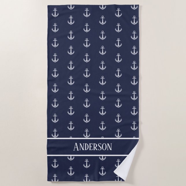 Custom Nautic Anchor Bad Ocean Navy Blue B Strandtuch (Vorderseite)
