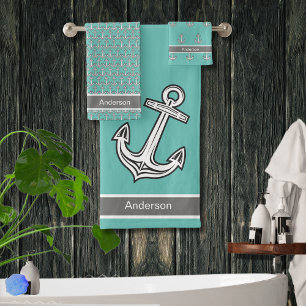 Custom Nautic Anchor Bad Pink Gray White Ba Badhandtuch Set