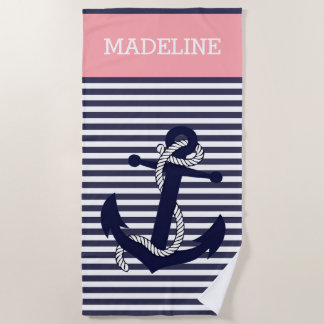 Custom Nautic Anchor Blue Coral Pink Stripes Strandtuch