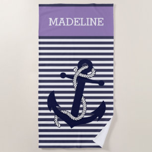 Custom Nautic Anchor Blue Violet Lila Stripes Strandtuch