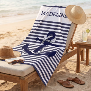 Custom Nautic Anchor Dark Blue White Stripes Strandtuch