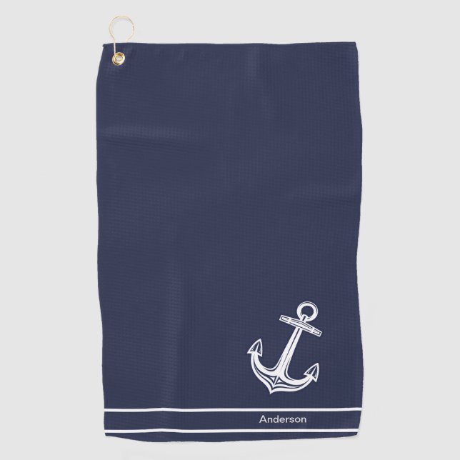 Custom Nautic Anchor Ocean Navy Blue Golfhandtuch (Vorderseite)