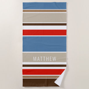 Custom Nautic Blue Dark Brown Red White Stripes Strandtuch
