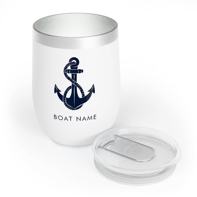 Custom Nautic Boat Name Navy Blue Anchor (Custom Nautical Boat Name Navy Blue Anchor Thermal Wine Tumbler)