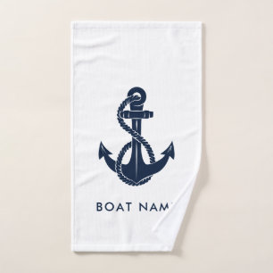 Custom Nautic Boat Name Navy Blue Anchor Handtuch