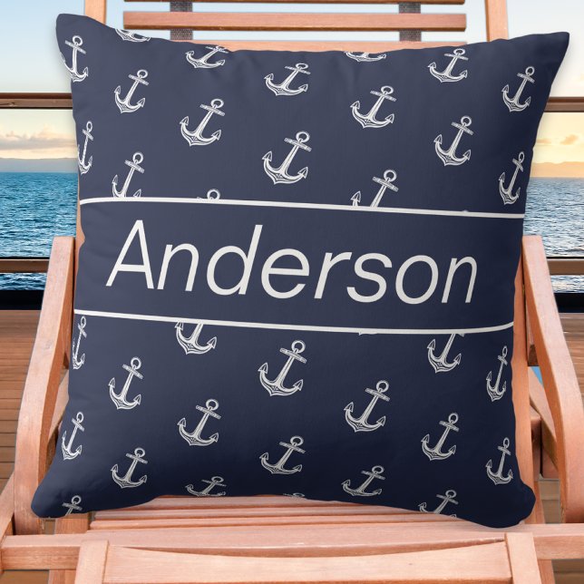 Custom Nautic Coastal Anchor Navy Blue White Kissen (Von Creator hochgeladen)