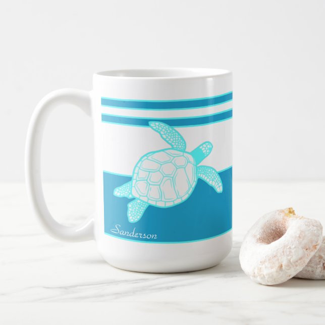 Custom Nautic Coastal Sea Schildkröte Blau Aquamar Kaffeetasse (Mit Donut)