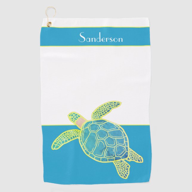 Custom Nautic Coastal Sea Turtle Aquamarin Blue Golfhandtuch (Vorderseite)