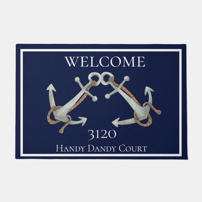Custom Nautic White Navy Blue Anchors Fußmatte (Vorderseite)