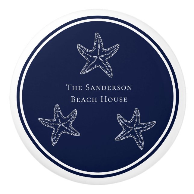 Custom Nautic White Navy Blue Starfish Beach Keramikknauf (Vorderseite)