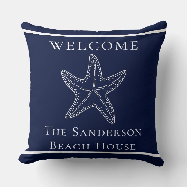 Custom Nautic White Navy Blue Starfish Throw Pil Kissen (Vorderseite)