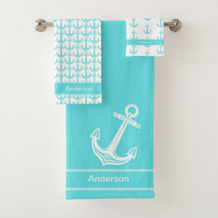 Custom Nautical Anchor Aquamarin Bad Blue Aqua Badhandtuch Set