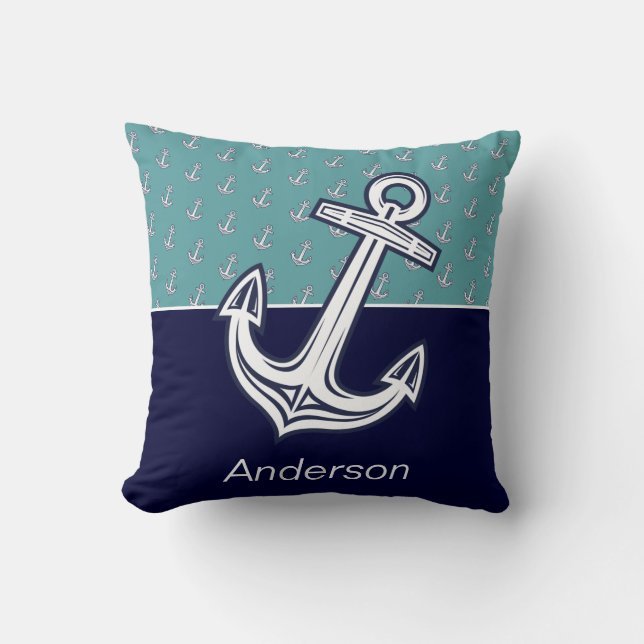 Custom Nautical Coastal Anchor Aquamarin Navy Blue Kissen (Vorderseite)