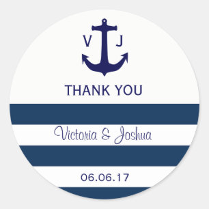 Custom Nautical Navy Blue Stripes Anchor Hochzeit Runder Aufkleber