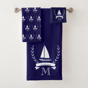 Custom Nautical Sailboat Bad Ocean Navy Blue Badhandtuch Set