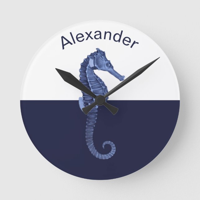 Custom Nautical Seepferd Navy Blue Ocean Beach  Runde Wanduhr (Vorderseite)
