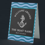 Custom Nautical Welcome Aboard Table Tent Sign  Tischaufsteller<br><div class="desc">Welcome guests aboard in style with this elegant nautical table tent sign featuring a vintage anchor illustration and customizable boat name and location. Perfect for boat events, coastal weddings, yacht parties, marina check-ins, or nautical-themed celebrations. This folded table sign adds a refined maritime touch to your décor while guiding guests...</div>