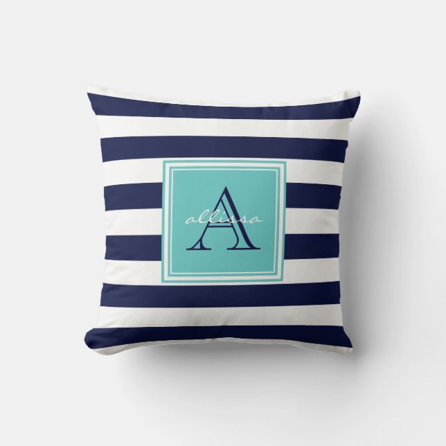 CUSTOM Navy Aqua Mit Monogramm Markisenstreifen Kissen (Vorderseite)