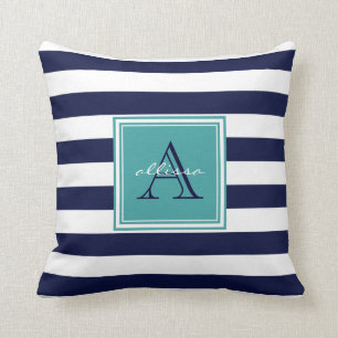 CUSTOM Navy Aquamariner Mit Monogramm Markisenstre Kissen